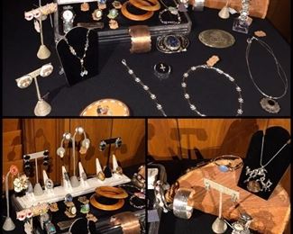 Shown are just a few of the many pieces of estate jewelry. Lucite, Taxco, Crystal cluster and chandelier earrings. Sets and Singles.