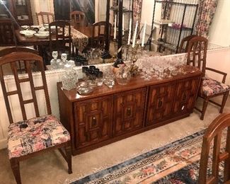 Stanley sideboard, Vintage Liquor bottles, champagne and wine glasses, Dorothy Thorpe glassware