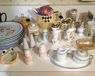 Vintage Ironstone dishes, miscellaneous salt/pepper shakers