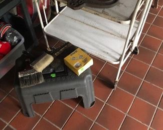Old folding medical cart. Rubber tool box/step stool. Paint brushes