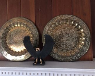 Two large brass trays. Egyptian statue