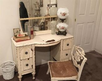 Vintage shabby dressing vanity, boudoir chair, Go e With The Wind lamp