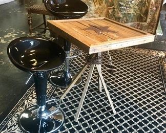 Pair of Modern "Black Licorice" Alpha Contemporary BOMBO Style Adjustable Stools and a Custom Made Square Table with Tin Star on Top