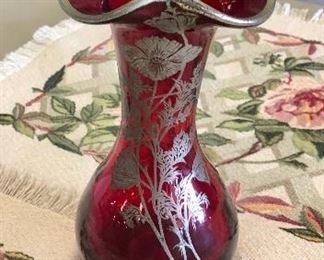 c.1930's,Ruby Red 7" Vase with Silver Poppy Motif Overlay. (Rare find)