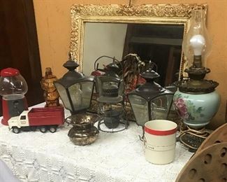 Vintage lighting lanterns, lamp, gumball machine, gilt mirror, more