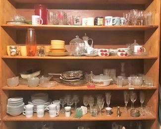 Glassware, china, kitchenware, and shelves for sale
