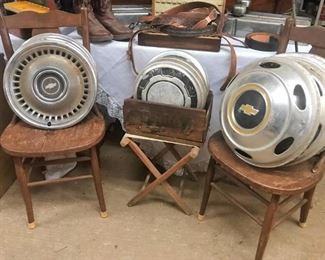 Vintage Chevy hubcaps, vintage/antique chairs