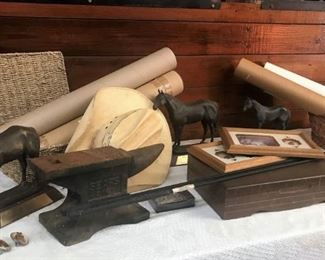 Sears anvil, vintage horse, western, and sports prints in mailing tubes, horse statues, horse bridle rosettes, vintage hats, vintage buggy whips, more