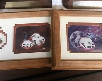 Original native american pottery art from 2 New Mexico artists: On left, Laverne Elliot, on right "Desert Fantasy" by Twila Felker
