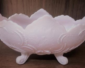 Vintage Jeannette shell pink milk glass "Lombardi" footed bowl, one of a pair