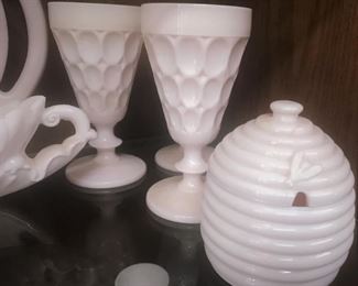 Vintage Jeannette shell pink milk glass "Thumbprint" water goblets, "Beehive" honey pot