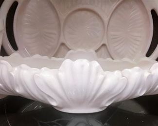 Various Vintage Jeannette shell pink milk glass : Large Gondola fruit bowl, Thumbprint goblets, 5-part Relish tray in Feather pattern
