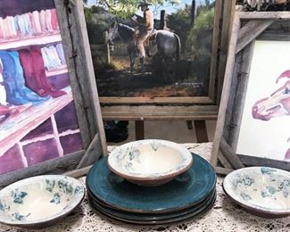 Anthony Hinojosa painting, two original artist watercolors, wheel thrown pottery pieces by Ellen Evans Terrafirma Pottery