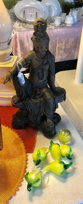 Oriental Statue and Double Hand Blown Yellow Glass Jalepenos 