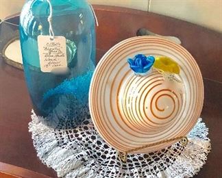 c.1960's BLENKO Graduating Blue Large Glass Jug/Vase and a MURANO Orange & White Striped Glass Hat 