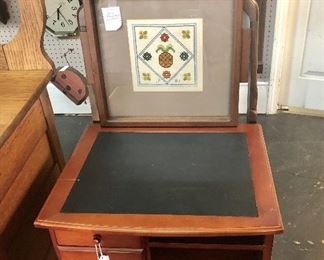 Wooden Lap Desk with Drawers and c.1981 Cross Stitched Glass & Wooden Serving Tray
