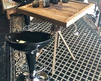 2 Black Hydraulic Bar Stools and Handmade Table 