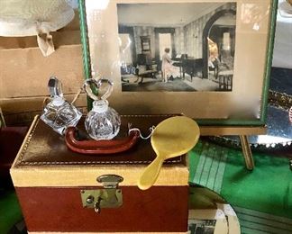 Vintage Luggage and Crystal Hand Blown Perfume Bottles
