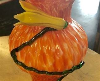 c.1980's GORGEOUS Hand Blown Orange "End of Day" Vase with Vine & Yellow Flower 