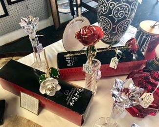 24k Gold Dipped Roses by Stephen Singer and Signed WATERFORD Candle Sticks