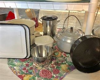 Two Vintage Enamelware Trays and other Pots & Pans