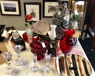WATERFORD CRYSTAL Candle Sticks and Ruby Red Coin Candy Dish 