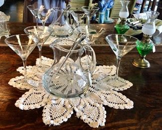Glass Martini Pitcher with Glass Stirrer and 4 Hand Painted Martini Glasses 