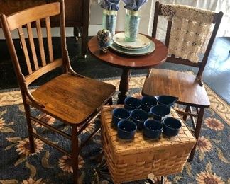 2 Vintage Chairs and a Small Side Table and a Wicker Basket with Lid
