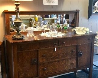 Antique Tiger Oak Buffet with Mirror 