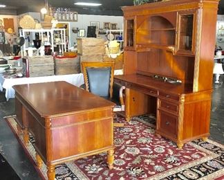 4-Piece Beautiful Solid Cherry Desk, Leather Rolling Chair & 2-Piece Credenza/Bookcase