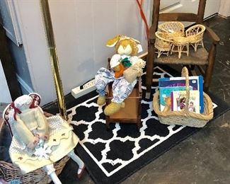 Handmade Doll, Child's Wooden Vintage Rocker, Miniature Wooden Canopy Bed, & Stuffed Rabbit 