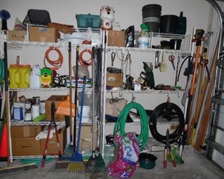 Chrome shelving, garage items, tools, yard tools