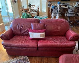 FlexSteel Red Leather Love Seat with Matching Lounge Chair with Ottoman