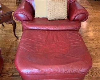 FlexSteel Red Leather Love Seat with Matching Lounge Chair with Ottoman