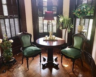 Carved mahogany chairs, Empire table