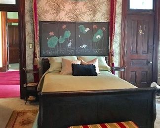 Queen sleigh bed, queen mattress set, Asian screen, Edwardian bench