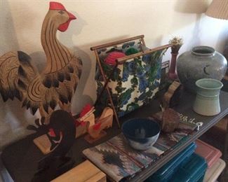 Decor items, chicken, kokopelli, Native American runner, pottery, retro sewing or yarn basket