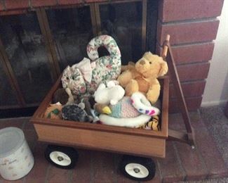 Wood wagon, stuffed animals and dog toys
