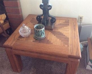 Oak table with inlays, accessories