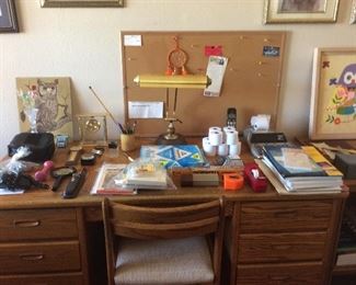Oak desk and chair, office items, desk lamp