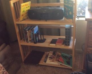 Shelf with boom box, books, Dr. Suess books