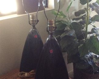 Pair vintage pottery lamps, they are black with a drippy effect