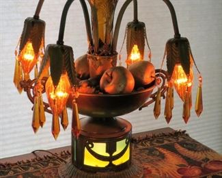 Art deco epergne lamp, light base & amber prisms.