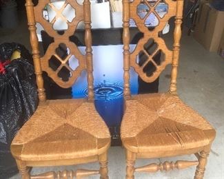 Pair of rush seat cathedral back chairs