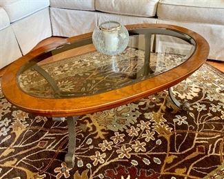 Oval Wood and glass top table with matching 1/2 round hall table