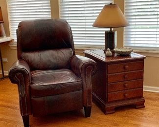 Leather recliner chair, Side table and lamp 