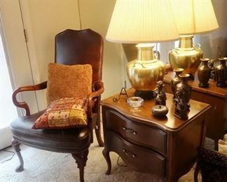 Leather arm chair and traditional 2 drawer table with lovely brass lamp