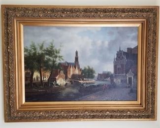 Oil painting of Flemish canal scene