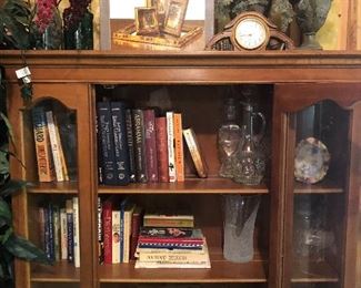 Everything inside china cabinet for sale (books, decanters, Hull cake plate, frosted eagle vase, etc.) - sorry china cabinet is not for sale. 
