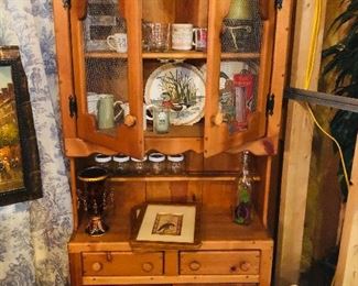 Farmhouse country china cabinet hutch with chicken wire in the doors (not glass).  Super cute and would look even better in an antique white - talk about farmhouse!  